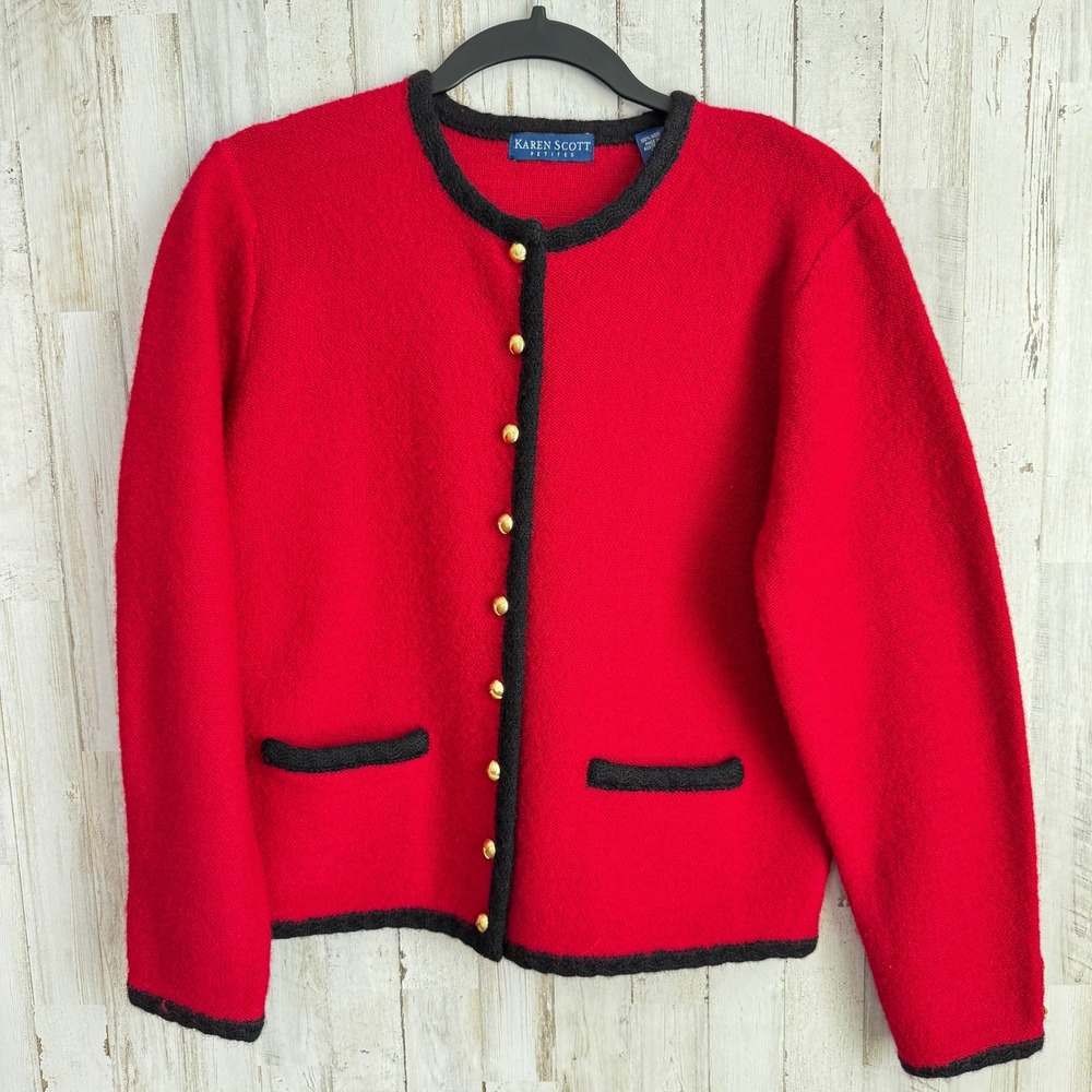 VTG 90s Karen Scott Cardigan Women PM Red Black Wool Sweater Gold Button Trim